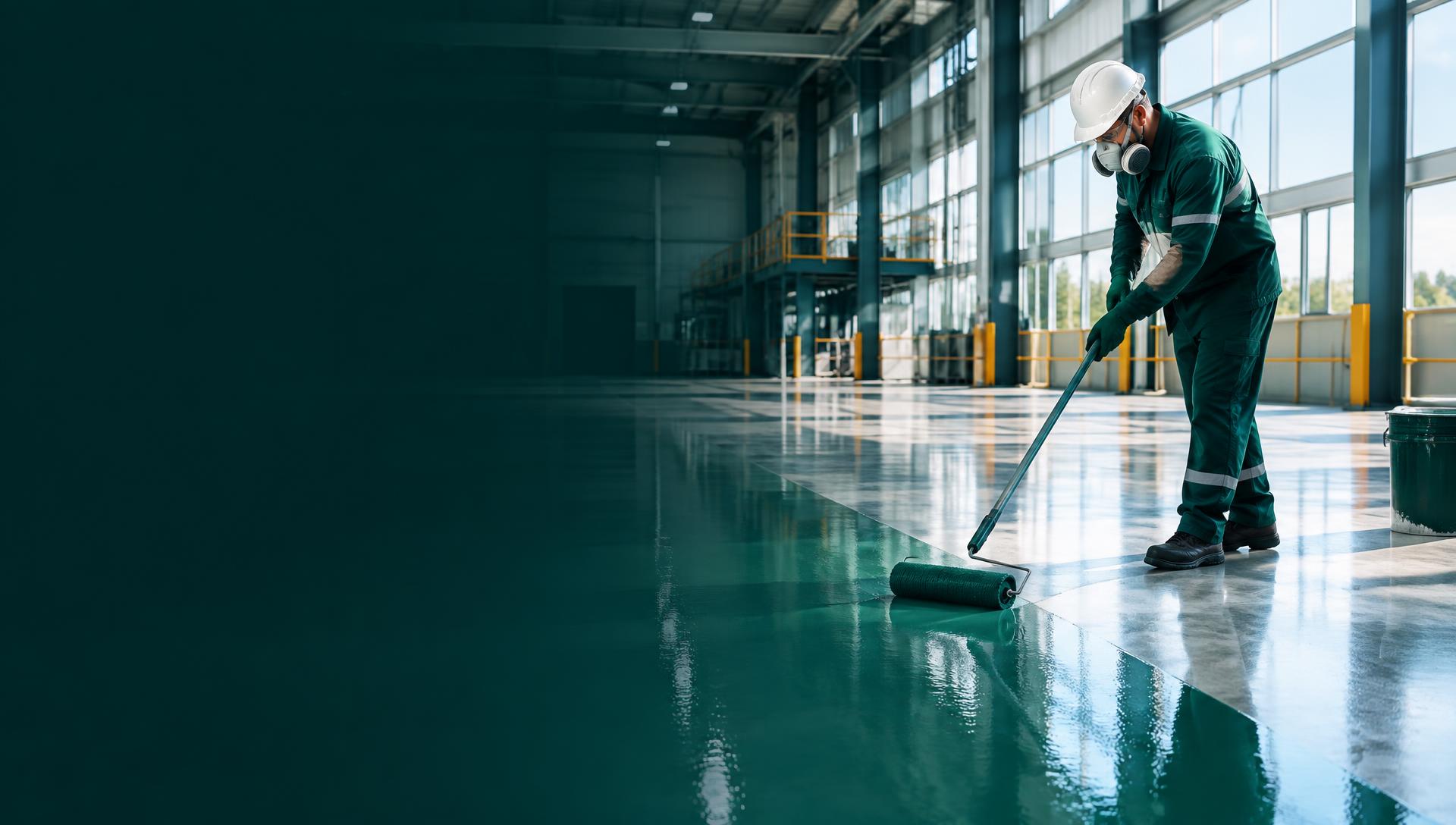 Profissional aplicando pintura epóxi em piso industrial